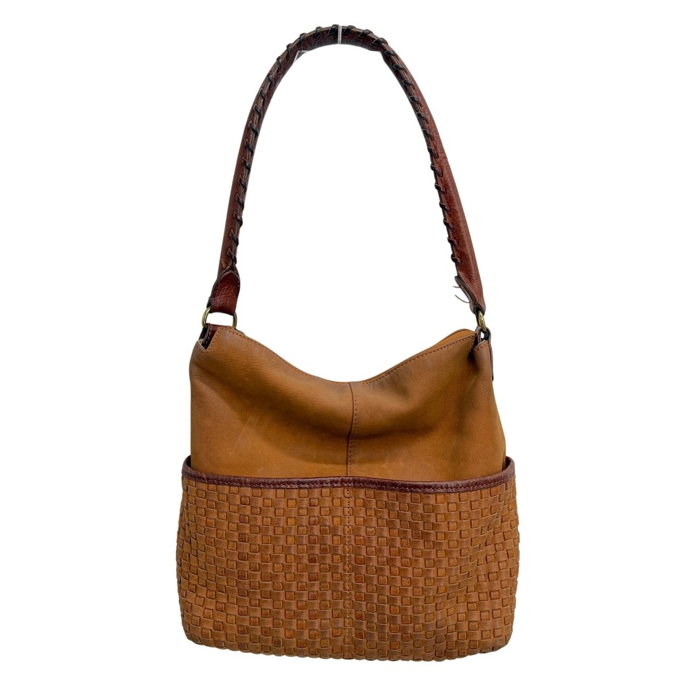 Sundance Brown Leather Woven Hobo Shoulder Bag Braided Strap Zip Closure Italy